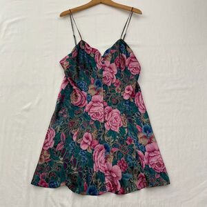 VTG Victorias Secret Chemise Womens Large Green Pink Floral Satin Buttons Nighti